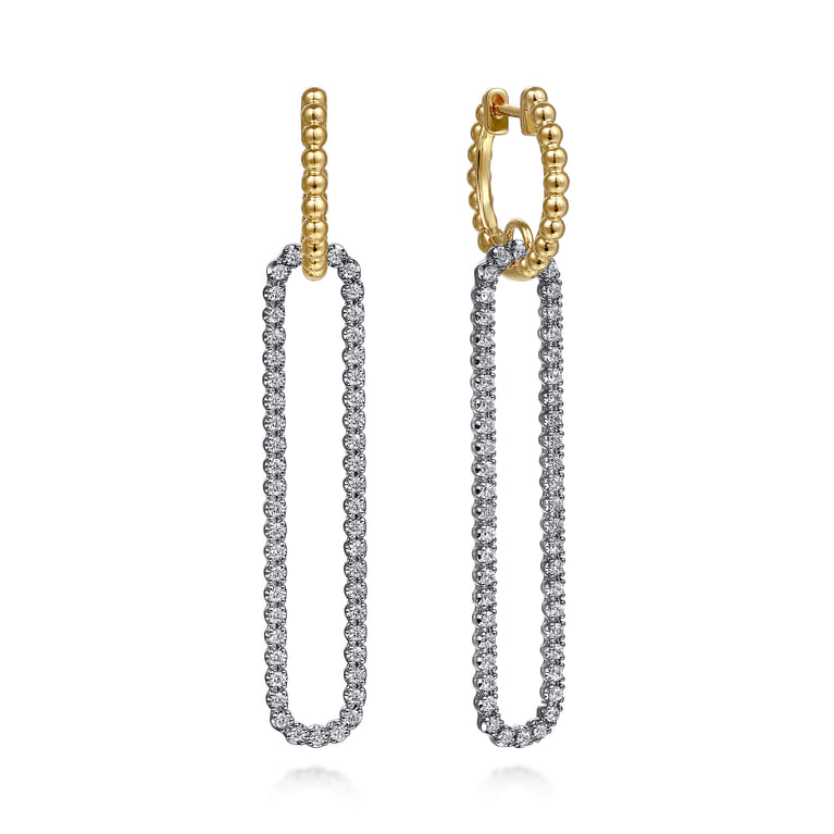 14K White  Yellow Gold Bujukan Beads and Diamond Huggie Drop Earrings - 0.75 ct - Shot 1
