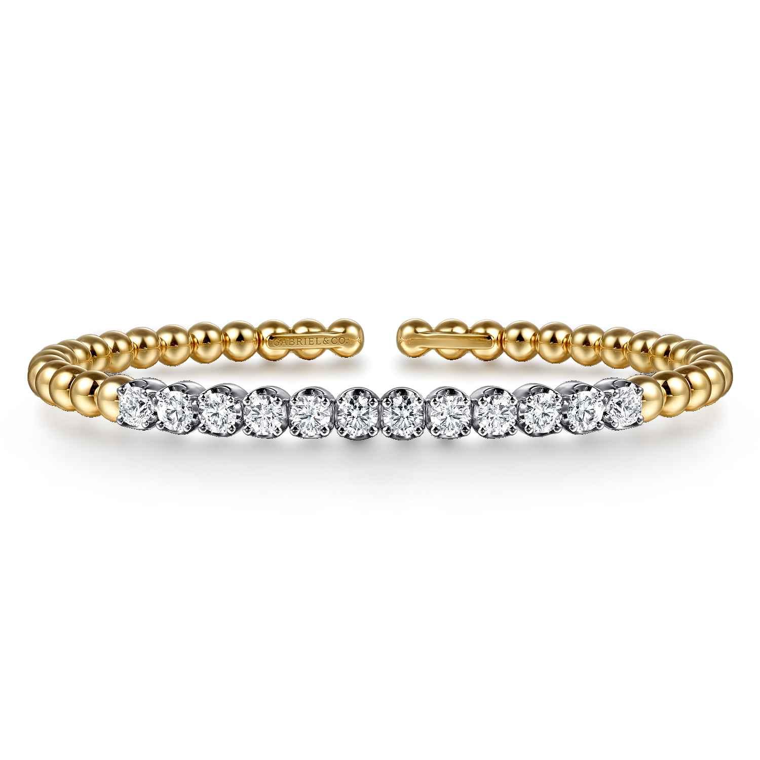 14K White Yellow Gold Bujukan Beads and Diamond Split Bangle Bracelet - 1.6 ct - Shot 1