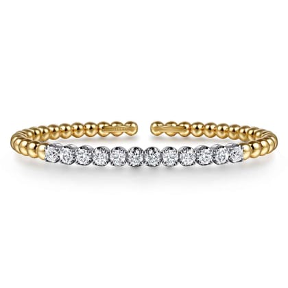 14K White Yellow Gold Bujukan Beads and Diamond Split Bangle Bracelet