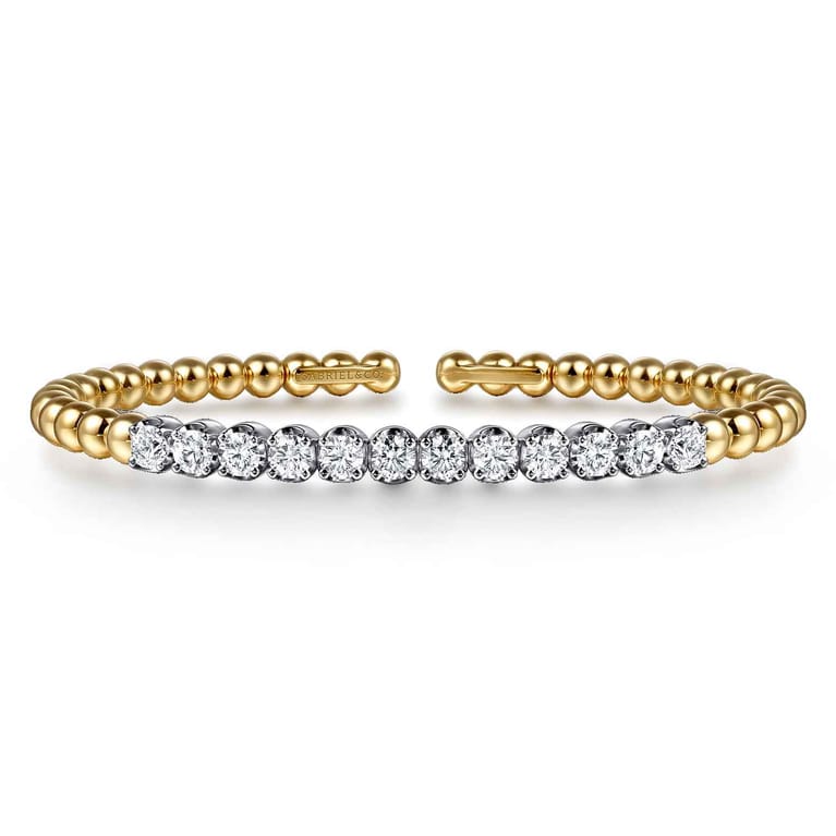 14K White Yellow Gold Bujukan Beads and Diamond Split Bangle Bracelet - 1.6 ct - Shot 1
