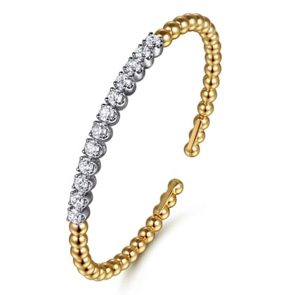 14K White Yellow Gold Bujukan Beads and Diamond Split Bangle Bracelet