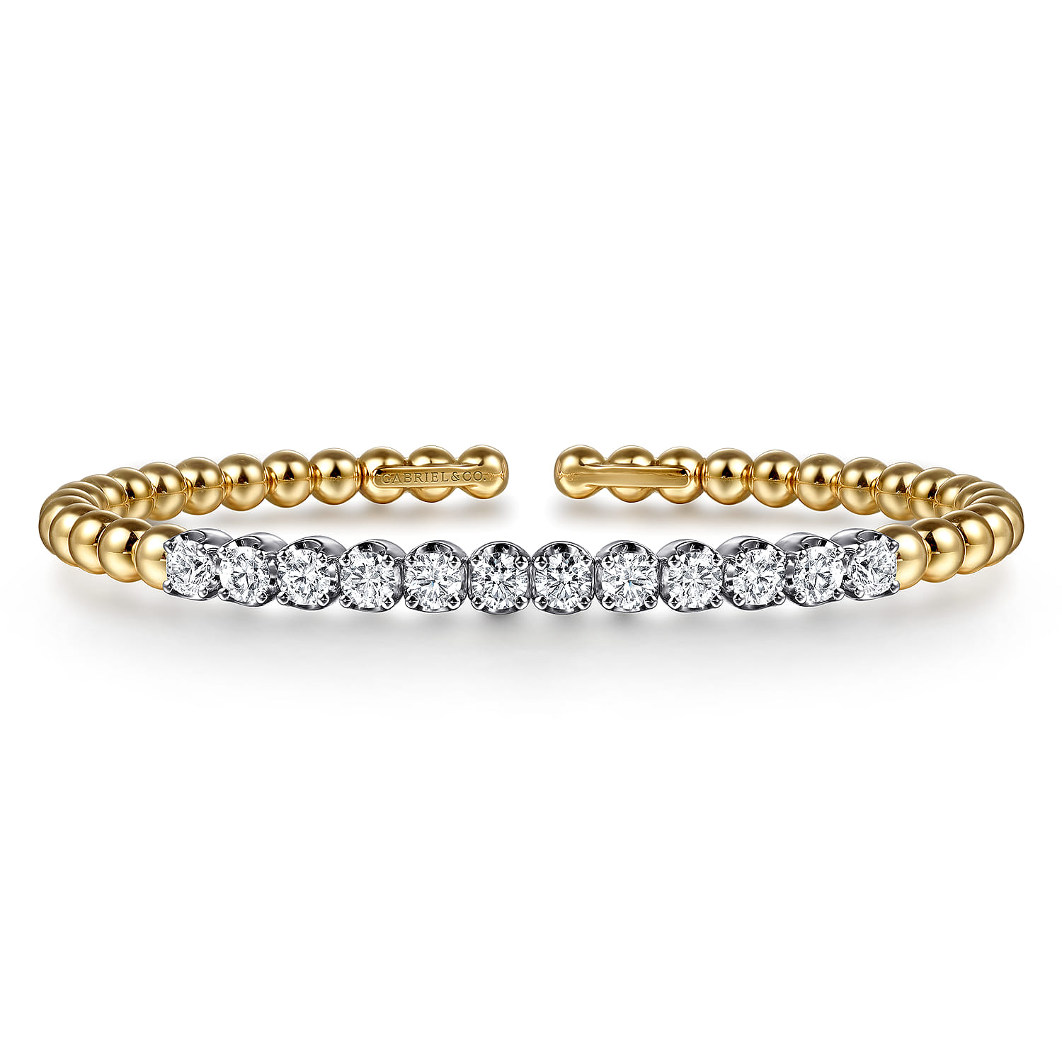 14K White Yellow Gold Bujukan Beads and Diamond Split Bangle Bracelet - 1.6 ct - Shot 1