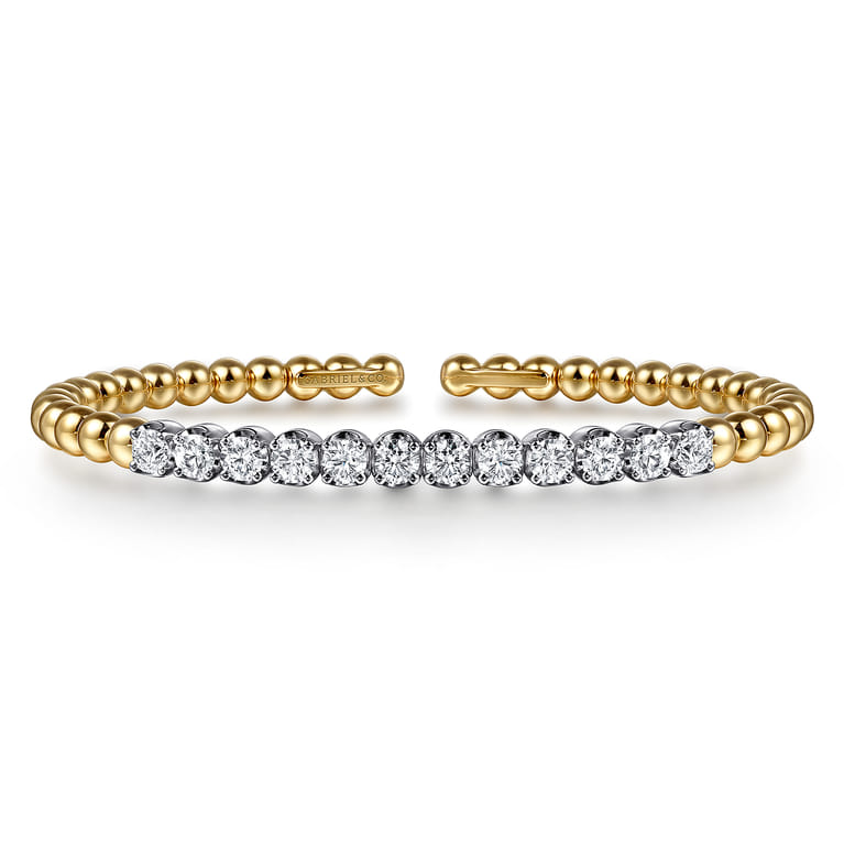 14K White Yellow Gold Bujukan Beads and Diamond Split Bangle Bracelet - 1.6 ct - Shot 1
