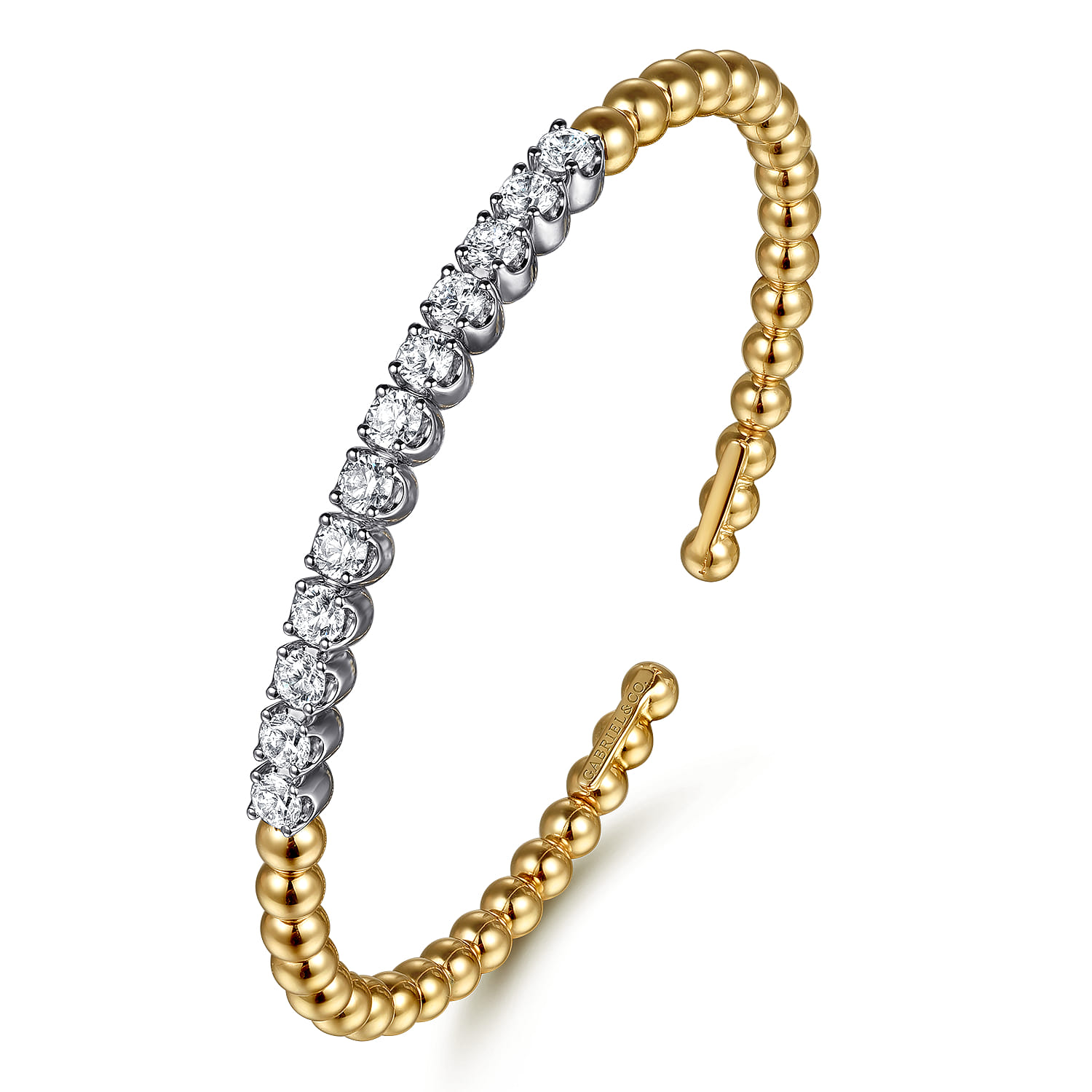 14K White Yellow Gold Bujukan Beads and Diamond Split Bangle Bracelet - 1.6 ct - Shot 2