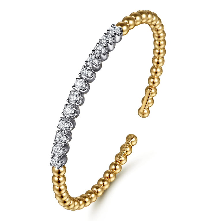 14K White Yellow Gold Bujukan Beads and Diamond Split Bangle Bracelet - 1.6 ct - Shot 2