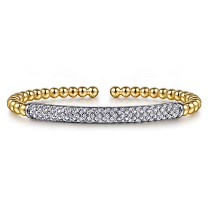 14K White  Yellow Gold Bujukan Beads and Diamond Split Bangle Bracelet