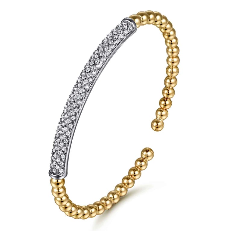14K White  Yellow Gold Bujukan Beads and Diamond Split Bangle Bracelet - 0.75 ct - Shot 2