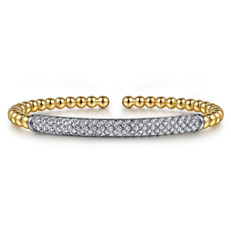 14K White  Yellow Gold Bujukan Beads and Diamond Split Bangle Bracelet - 0.75 ct - Shot 1