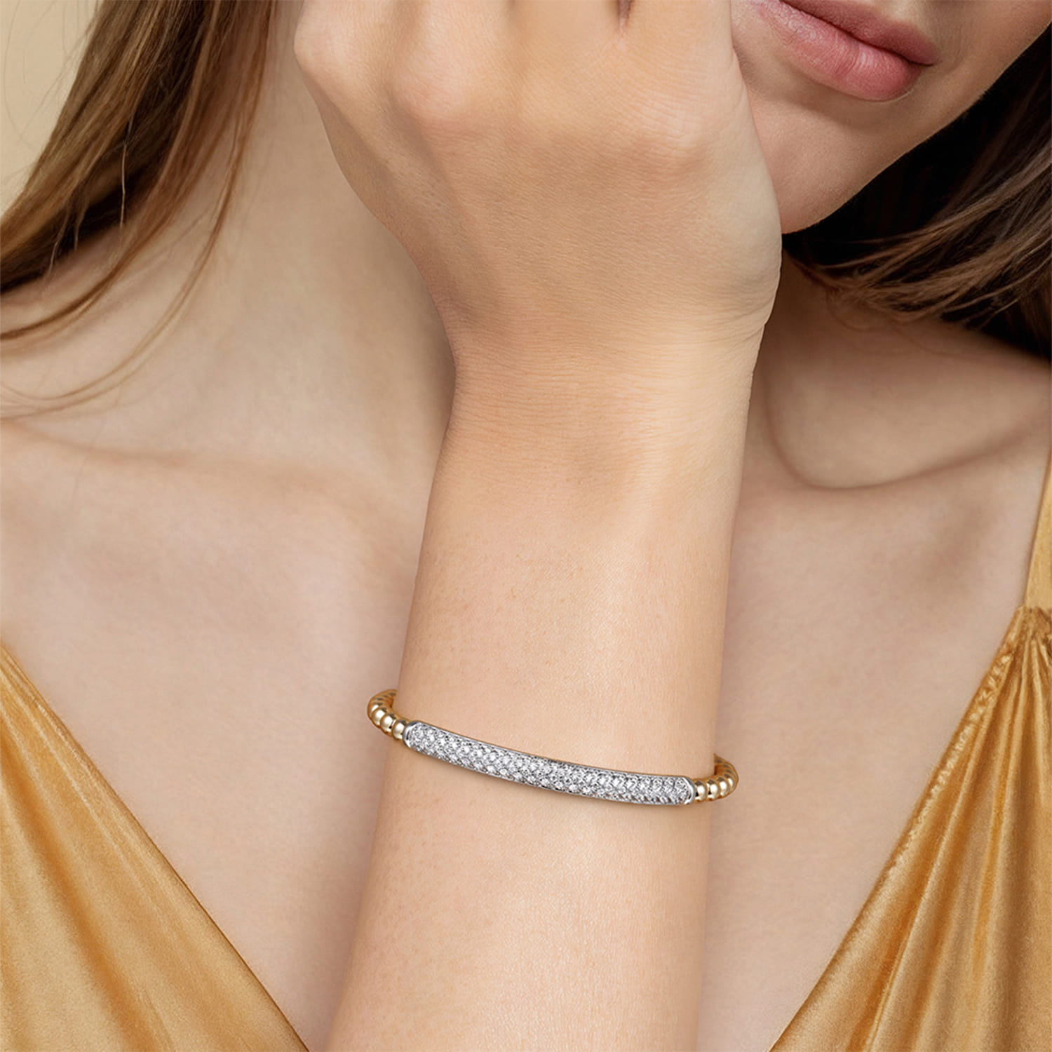 14K White  Yellow Gold Bujukan Beads and Diamond Split Bangle Bracelet - 0.75 ct - Shot 4