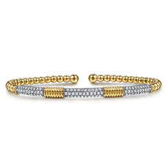 14K White Yellow Gold Bujukan Beads and Diamond Station Split Bangle Bracelet