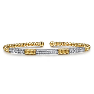 14K White Yellow Gold Bujukan Beads and Diamond Station Split Bangle Bracelet