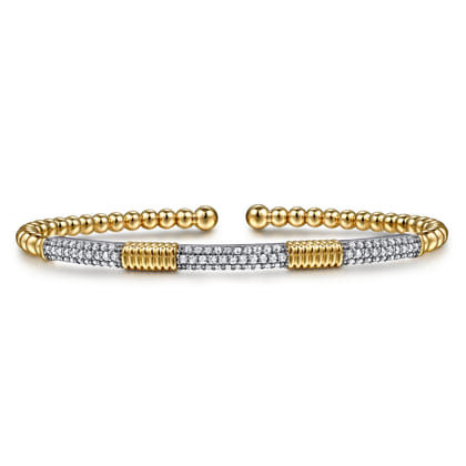 14K White Yellow Gold Bujukan Beads and Diamond Station Split Bangle Bracelet