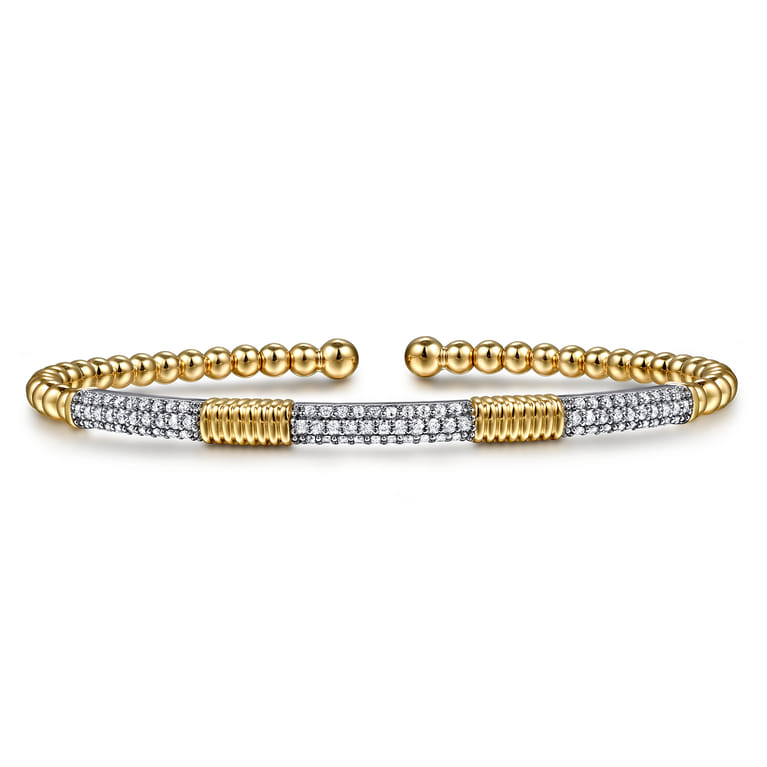 14K White Yellow Gold Bujukan Beads and Diamond Station Split Bangle Bracelet - 0.52 ct - Shot 1