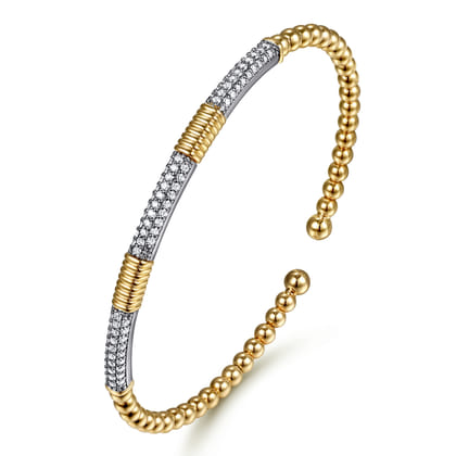 14K White Yellow Gold Bujukan Beads and Diamond Station Split Bangle Bracelet