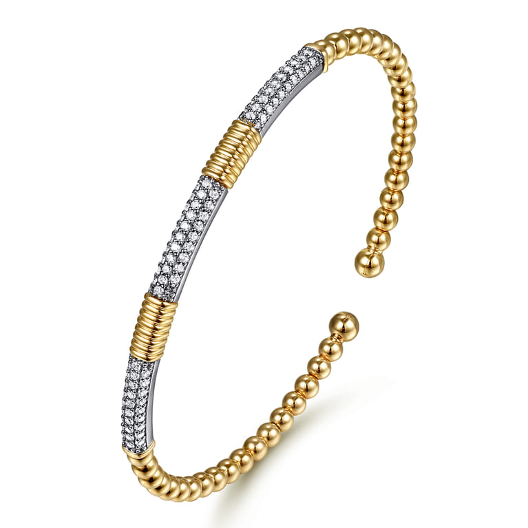 14K White Yellow Gold Bujukan Beads and Diamond Station Split Bangle Bracelet - 0.52 ct - Shot 2