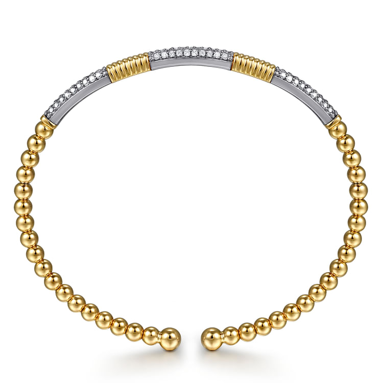 14K White Yellow Gold Bujukan Beads and Diamond Station Split Bangle Bracelet