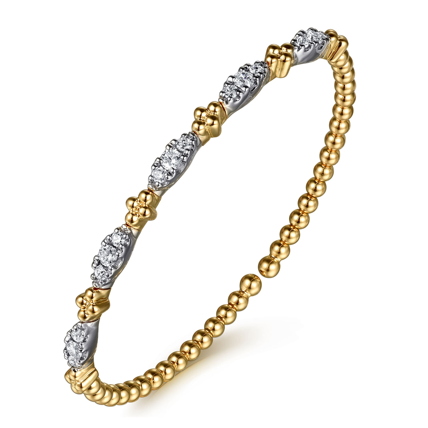 14K White  Yellow Gold Bujukan Beads and Diamond Station Split Bangle Bracelet