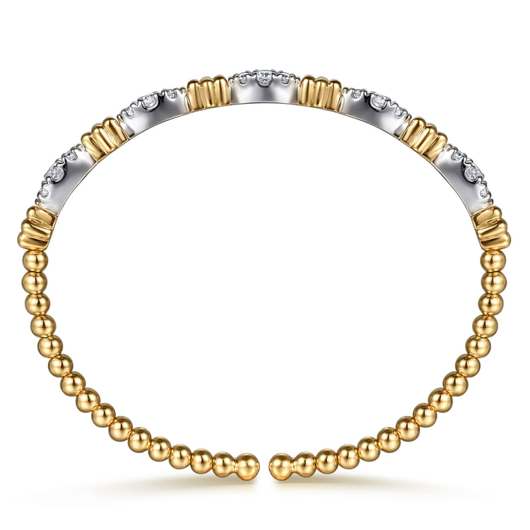 14K White  Yellow Gold Bujukan Beads and Diamond Station Split Bangle Bracelet