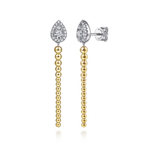 14K White  Yellow Gold Bujukan Beads and Diamond Teardrop Stud Drop Earrings