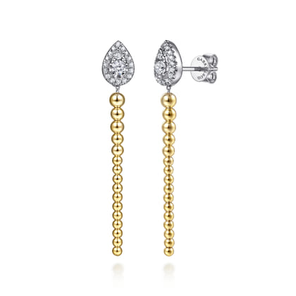 14K White  Yellow Gold Bujukan Beads and Diamond Teardrop Stud Drop Earrings