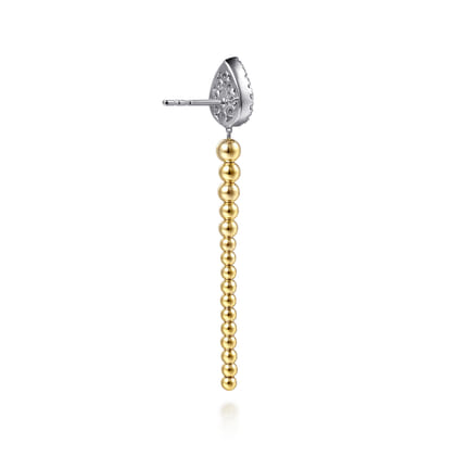 14K White  Yellow Gold Bujukan Beads and Diamond Teardrop Stud Drop Earrings