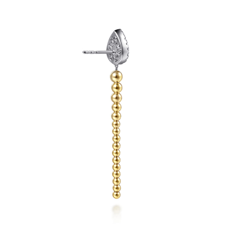 14K White  Yellow Gold Bujukan Beads and Diamond Teardrop Stud Drop Earrings - 0.45 ct - Shot 2