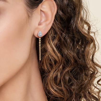 14K White  Yellow Gold Bujukan Beads and Diamond Teardrop Stud Drop Earrings