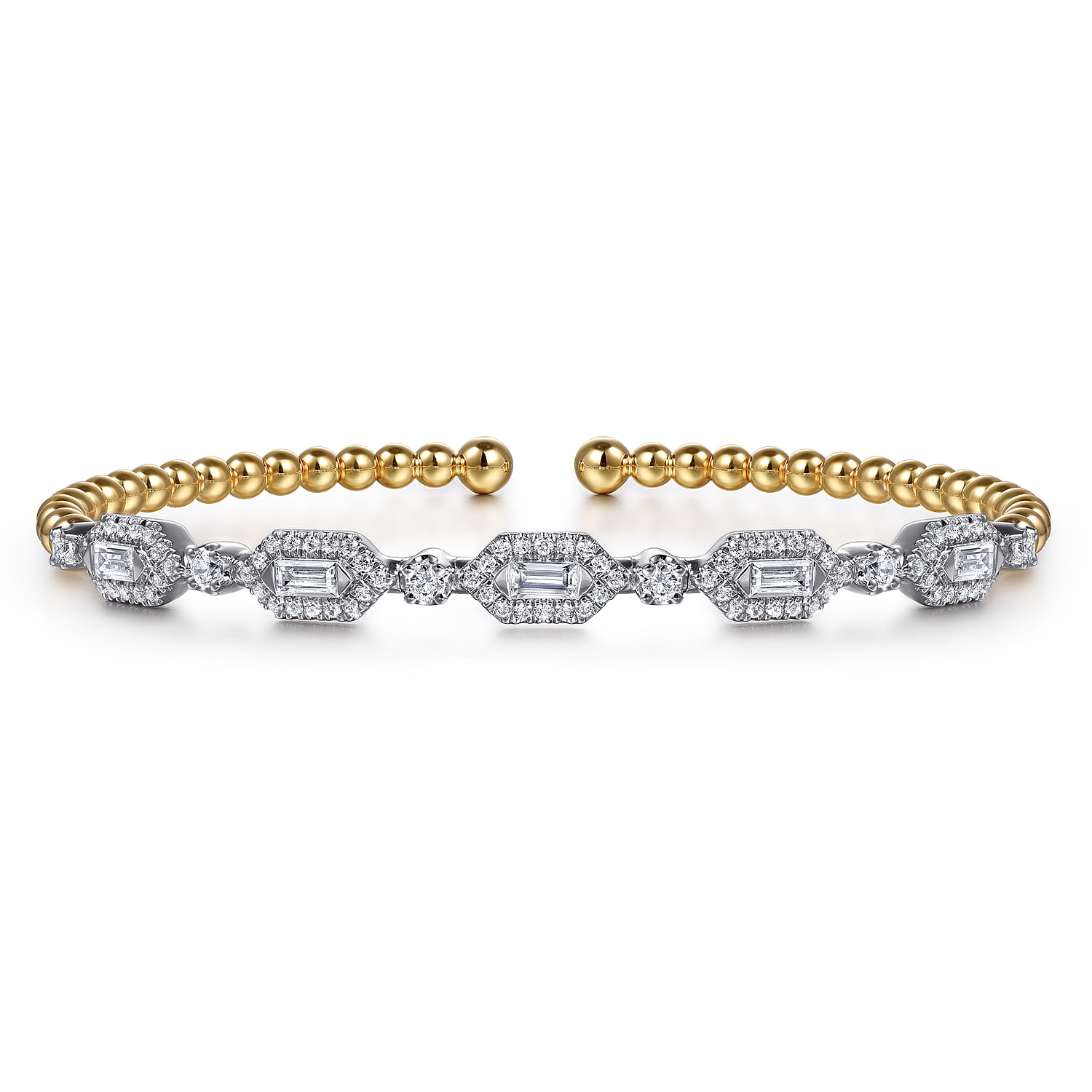 14K White  Yellow Gold Bujukan Beads and Diamonds Split Bangle Bracelet - 1.2 ct - Shot 1