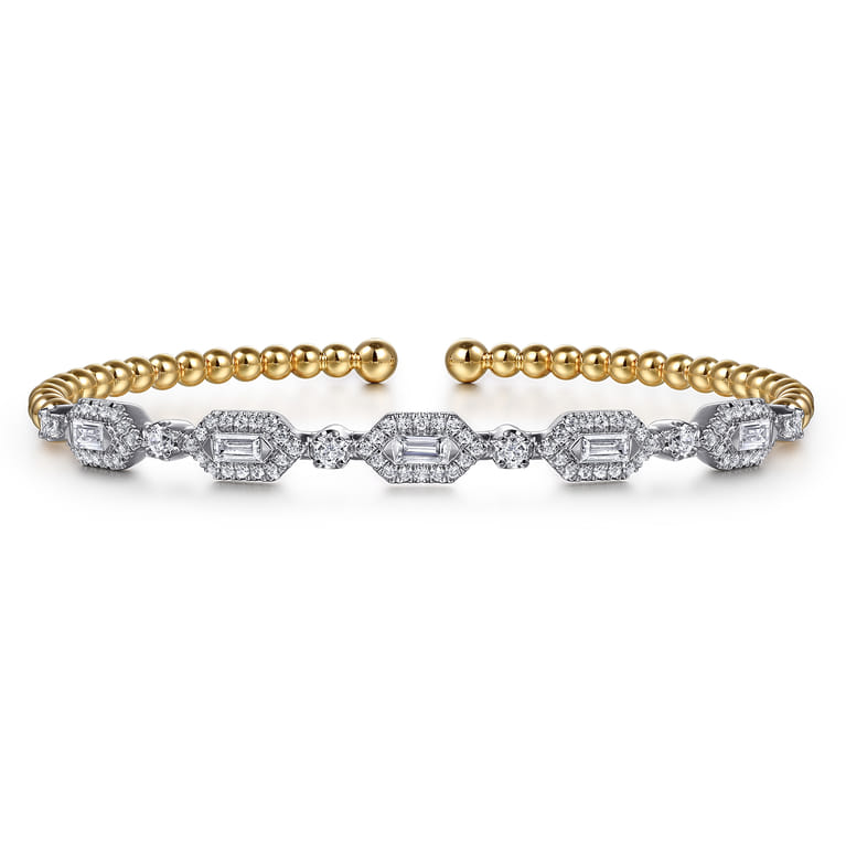 14K White  Yellow Gold Bujukan Beads and Diamonds Split Bangle Bracelet - 1.2 ct - Shot 1