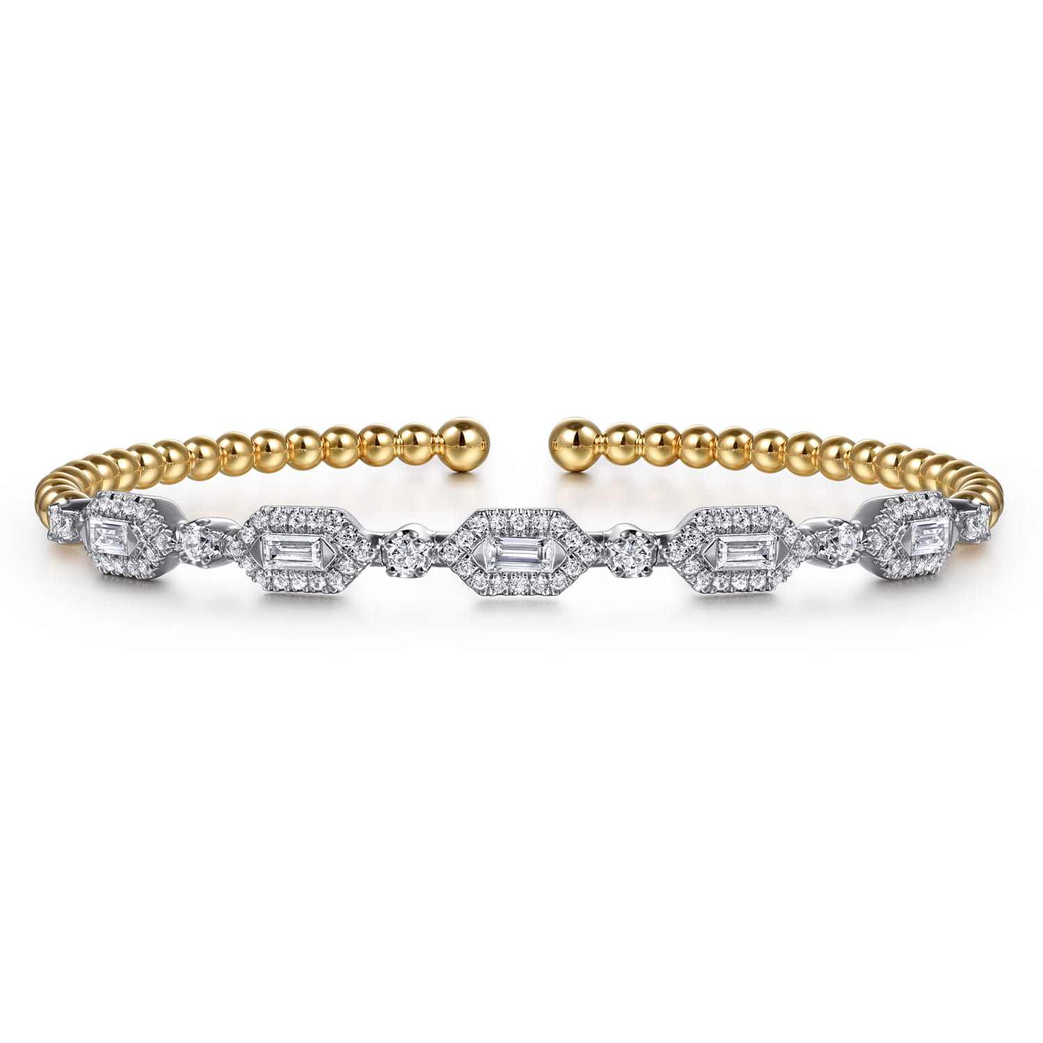 14K White  Yellow Gold Bujukan Beads and Diamonds Split Bangle Bracelet - 1.2 ct - Shot 1