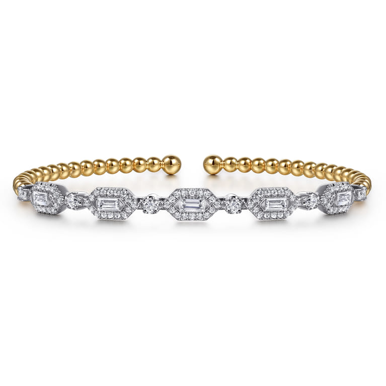 14K White  Yellow Gold Bujukan Beads and Diamonds Split Bangle Bracelet - 1.2 ct - Shot 1