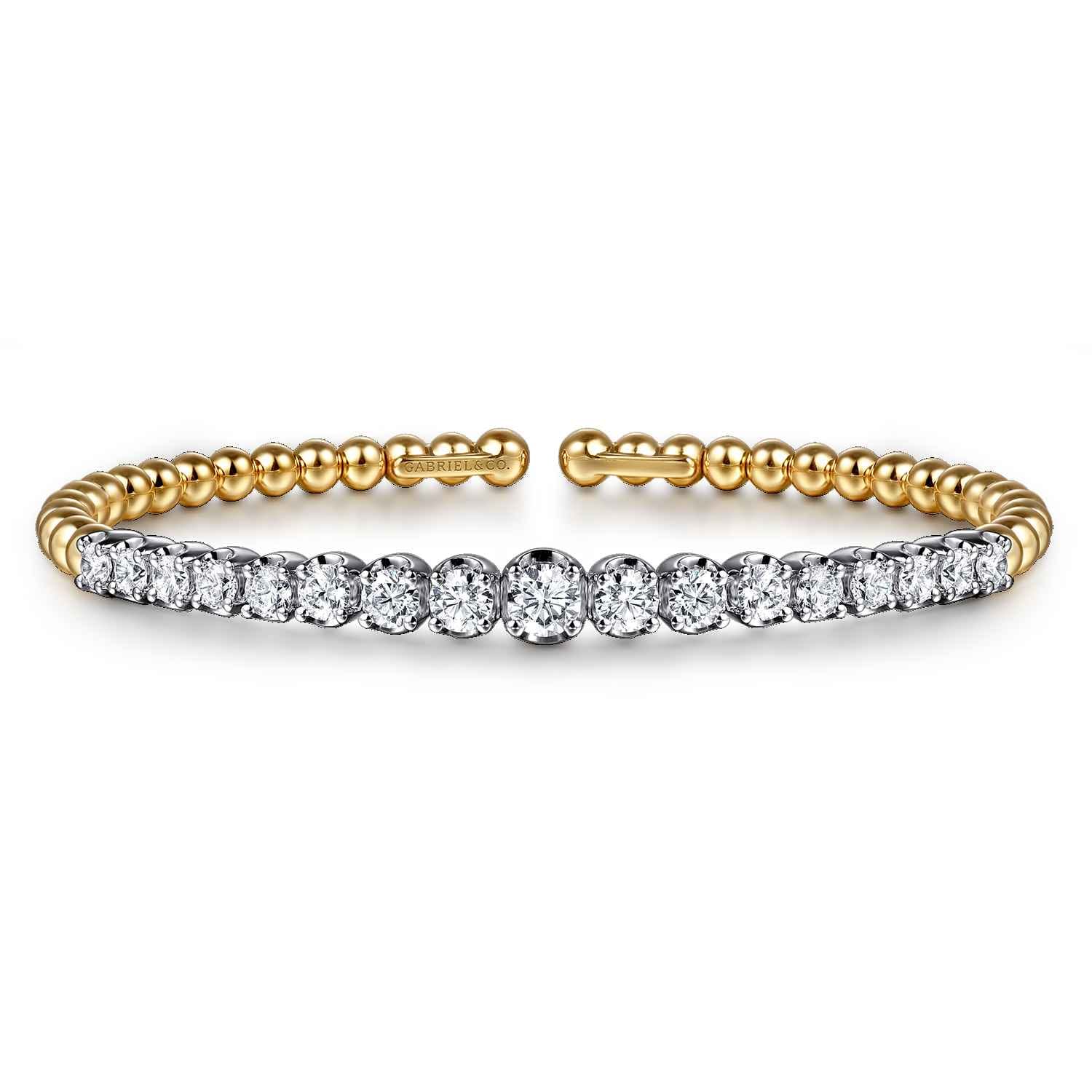 14K White Yellow Gold Bujukan Beads and Graduating Diamond Split Bangle Bracelet - 2.05 ct - Shot 1