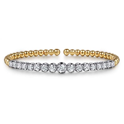 14K White Yellow Gold Bujukan Beads and Graduating Diamond Split Bangle Bracelet