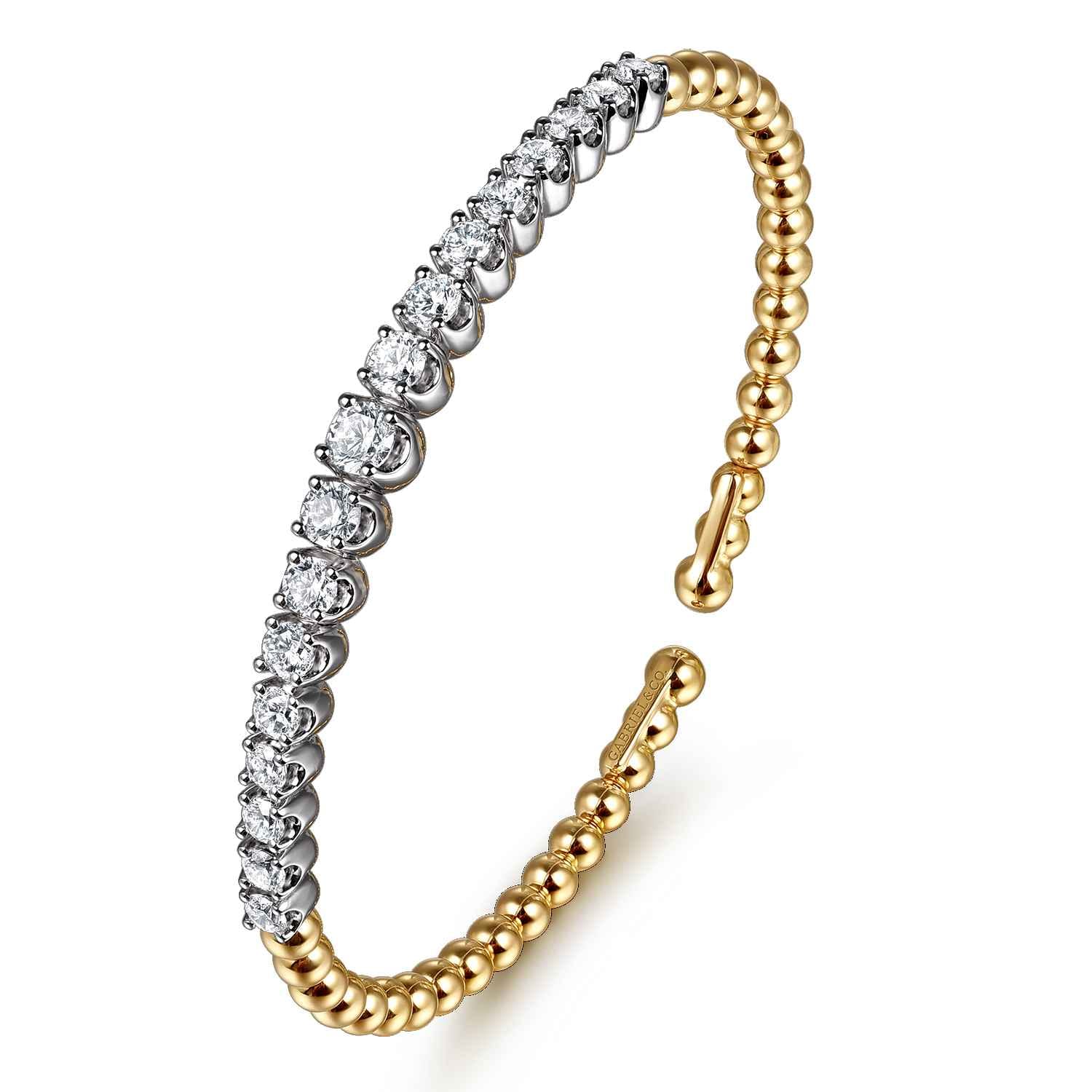 14K White Yellow Gold Bujukan Beads and Graduating Diamond Split Bangle Bracelet - 2.05 ct - Shot 2