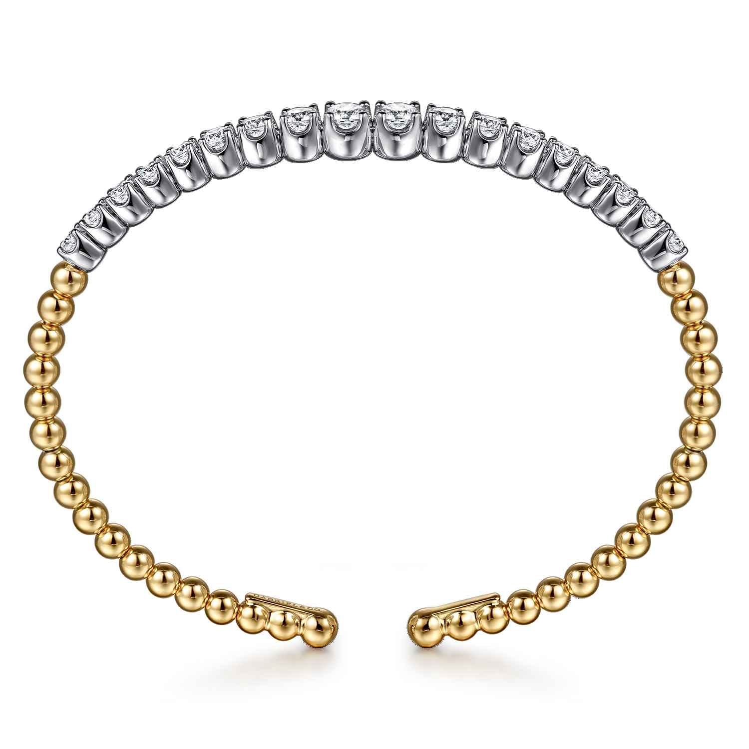 14K White Yellow Gold Bujukan Beads and Graduating Diamond Split Bangle Bracelet - 2.05 ct - Shot 3