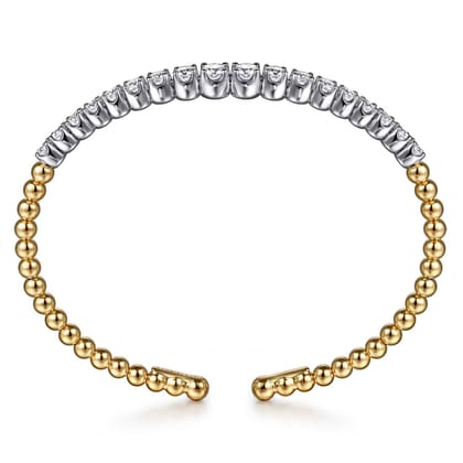 14K White Yellow Gold Bujukan Beads and Graduating Diamond Split Bangle Bracelet