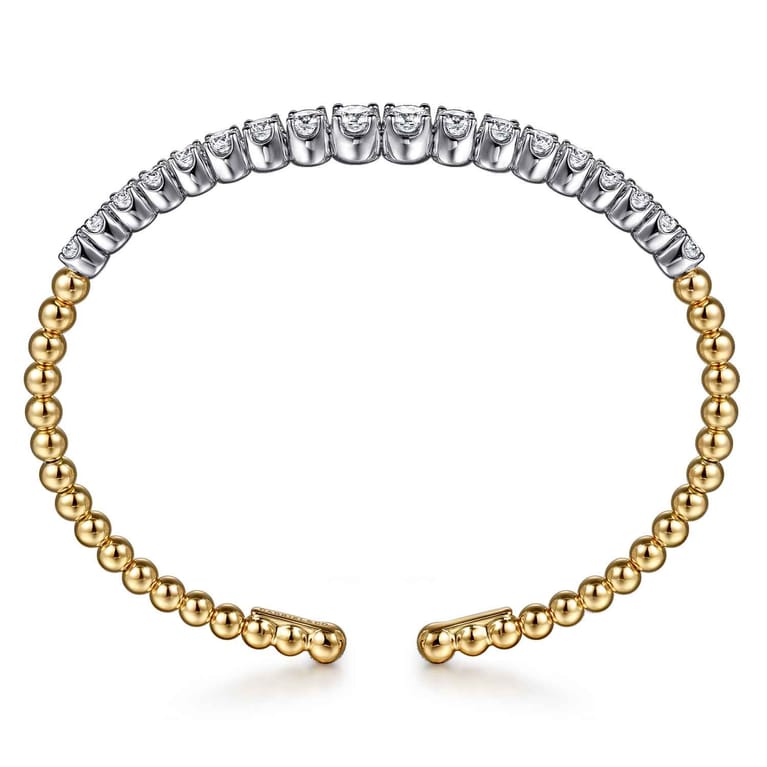 14K White Yellow Gold Bujukan Beads and Graduating Diamond Split Bangle Bracelet - 2.05 ct - Shot 3