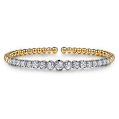 14K White  Yellow Gold Bujukan Beads and Graduating Diamond Split Bangle Bracelet
