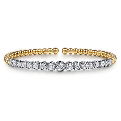14K White  Yellow Gold Bujukan Beads and Graduating Diamond Split Bangle Bracelet