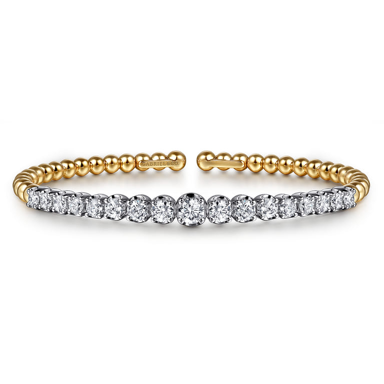 14K White  Yellow Gold Bujukan Beads and Graduating Diamond Split Bangle Bracelet - 2.05 ct - Shot 1