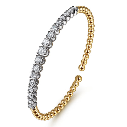 14K White  Yellow Gold Bujukan Beads and Graduating Diamond Split Bangle Bracelet