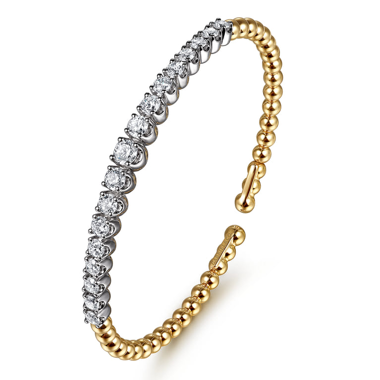 14K White  Yellow Gold Bujukan Beads and Graduating Diamond Split Bangle Bracelet - 2.05 ct - Shot 2
