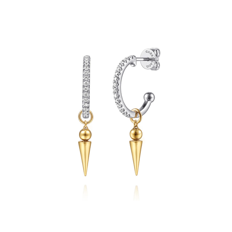 14K White  Yellow Gold Bujukan Bullet and Diamond Huggie Drop Earrings - 0.18 ct - Shot 1