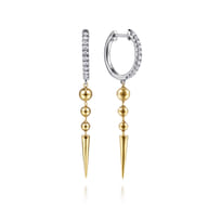 14K White  Yellow Gold Bujukan Bullet and Diamond Huggie Drop Earrings