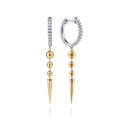 14K White  Yellow Gold Bujukan Bullet and Diamond Huggie Drop Earrings
