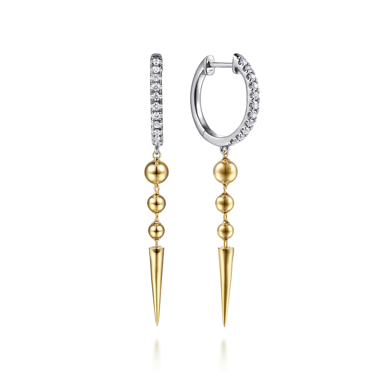 14K White  Yellow Gold Bujukan Bullet and Diamond Huggie Drop Earrings - 0.2 ct - Shot 1