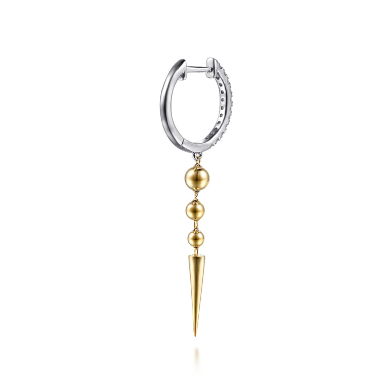 14K White  Yellow Gold Bujukan Bullet and Diamond Huggie Drop Earrings - 0.2 ct - Shot 2