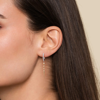 14K White  Yellow Gold Bujukan Bullet and Diamond Huggie Drop Earrings