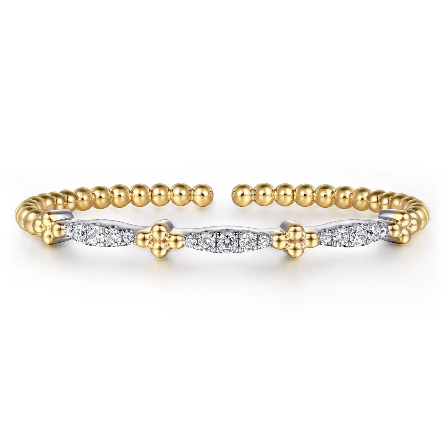 14K White  Yellow Gold Bujukan Clover and Diamond Marquise Split Bangle Bracelet - 0.75 ct - Shot 1