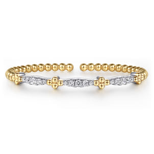 14K White  Yellow Gold Bujukan Clover and Diamond Marquise Split Bangle Bracelet